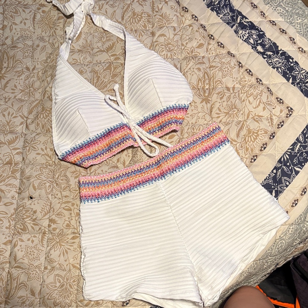 White Halter Top and Shorts Set with Rainbow Trim